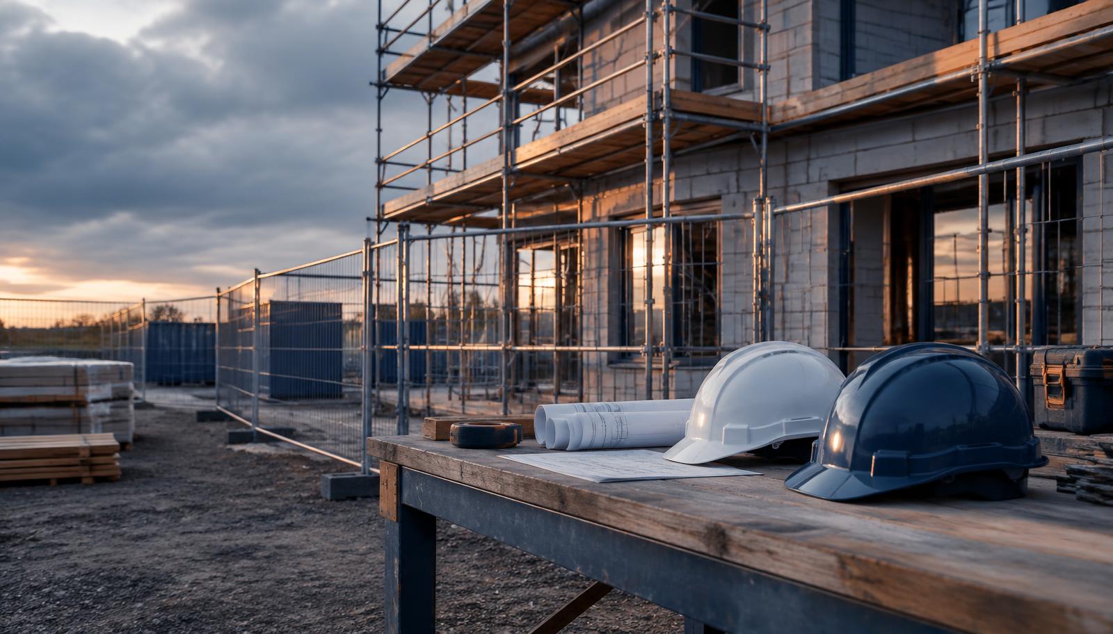Steiger op een bouwplaats met veiligheidshekken en waarschuwingsborden
