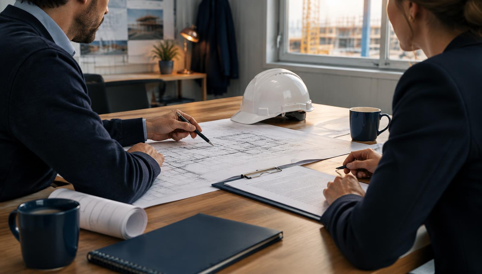 Aannemer en opdrachtgever bespreken een bouwcontract aan een tafel in een bouwkeet