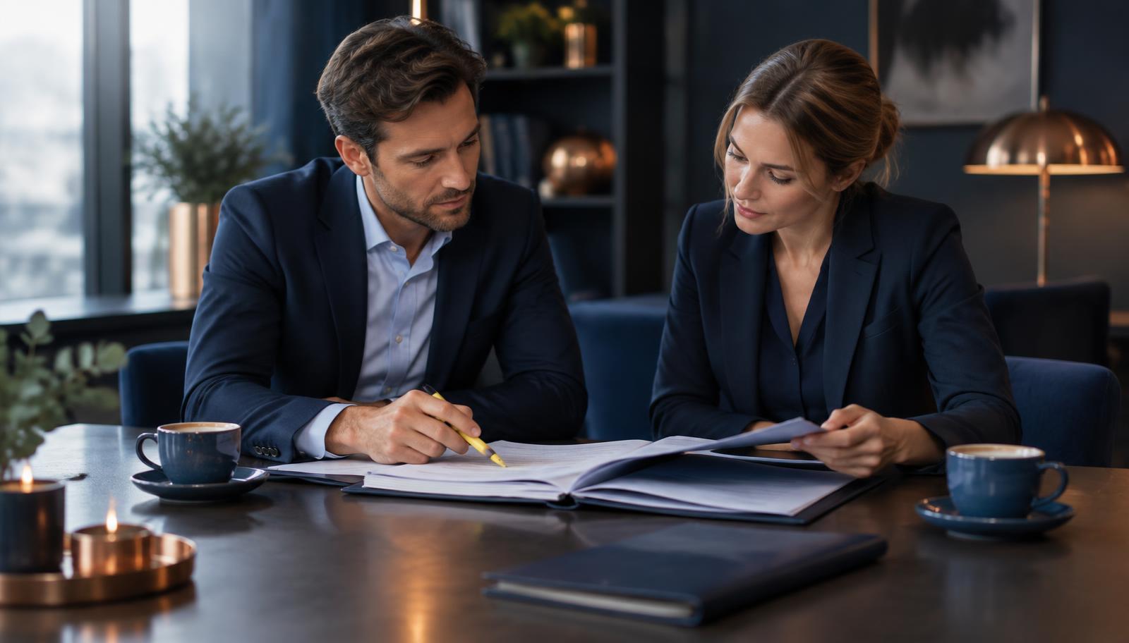 Adviseur neemt samen met een ondernemer een stapel verzekeringspolissen door