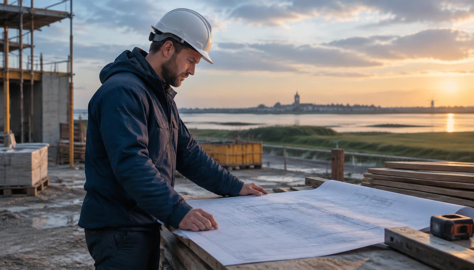 Aannemer met helm bekijkt bouwtekeningen op een bouwplaats in Zeeland