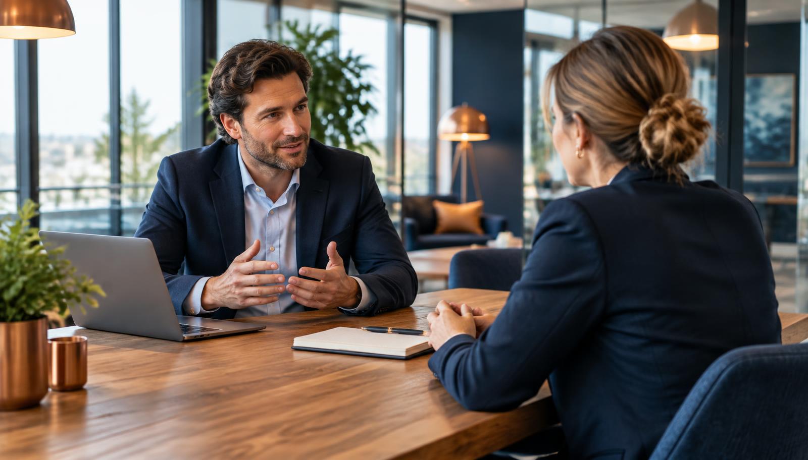 Ondernemer in gesprek met een verzekeringsadviseur aan een vergadertafel