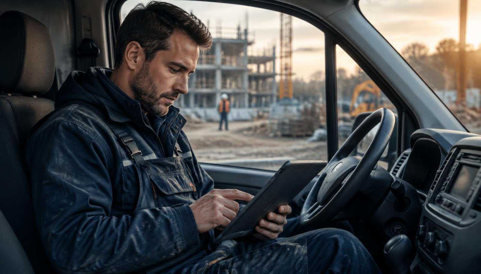 Aannemer vergelijkt twee verzekeringsvoorstellen op een tablet in zijn bedrijfsbus